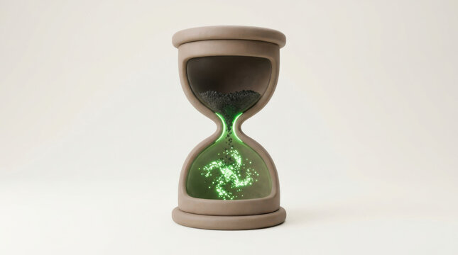 Hourglass coal transformation glowing energy time inspires awe as dark charcoal grains drift and convert into vivid green luminescent particles