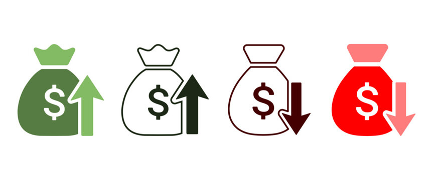 Set of money bag icons with up and down arrows representing financial growth and loss.