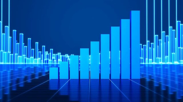 Downward arrow symbol over glowing blue digital grid with neon waveform background