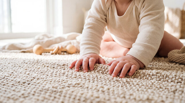 Baby hands touching soft knitted rug on living room floor