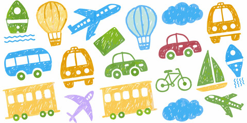 Fototapeta premium Transportation Doodle Set Kids Crayon Drawing Illustration