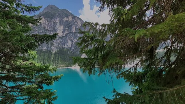 A view from Lago di Braies hiking trail, of a turquoise water, nestled between the mountains, the pine trees are framing the view.