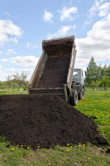 Tipper truck unloading fertile black soil on the grass in a garden © Olga Spasionnikova