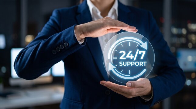 Businesswoman presenting a glowing digital clock icon representing 24 seven support services