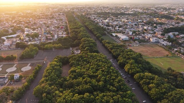 Drone View Along Tree-Lined Parque Central Avenue Over Santiago City at Golden Hour