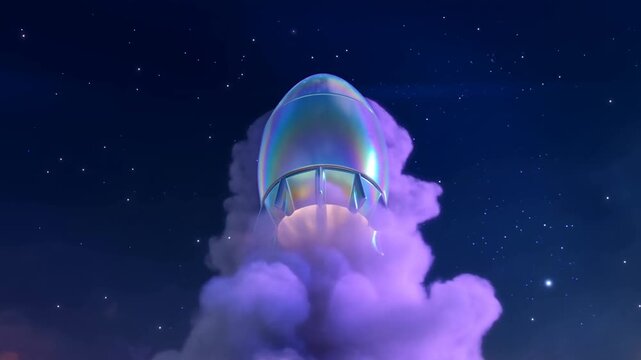 Iridescent rocket nose cone above purple clouds beneath a starry night sky
