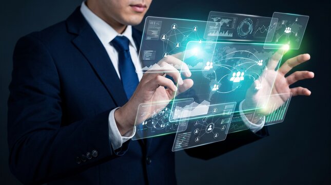 Business professional interacting with a futuristic digital interface and data visualization