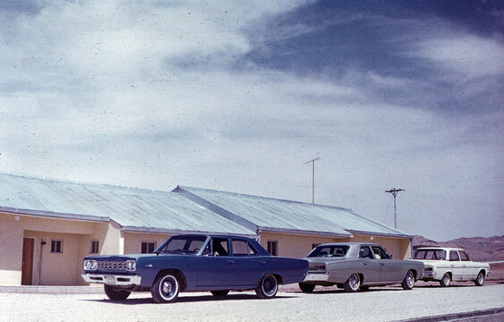 Alborz Province, Iran, - September 1, 1971: scene with Plymouth Satellite, Dodge Coronet and Paykan cars