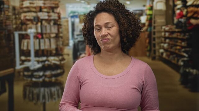 Woman in pink sweater adjusting her curly hair beside clothing racks and shoe shelves in building; disgust.