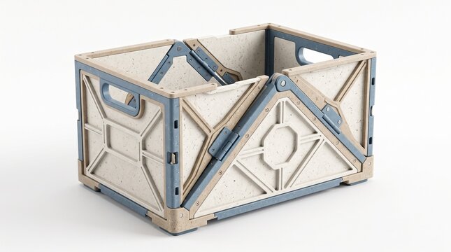 Collapsible plastic storage crate, modular folding organizer box for home and office, beige and blue stackable container on white background
