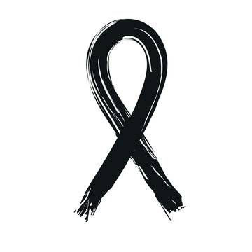 A black awareness ribbon graphic rendered with an expressive, brushstroke isolated on a clean white background. Simple icon vector illustration design.