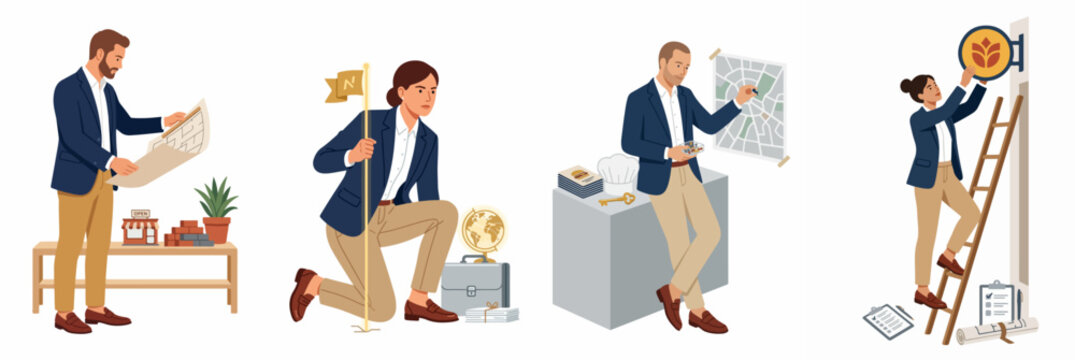 Set of illustrations depicting business professionals engaged in strategic planning, company expansion, market analysis, and brand implementation in a clean flat style.