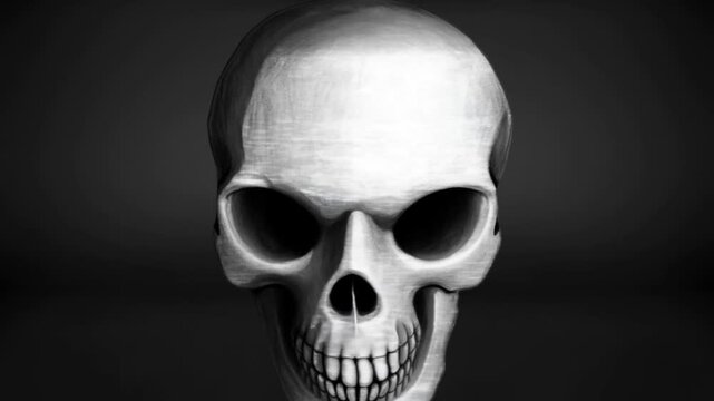 Skull facing forward with hollow eyes and grin against a dark black background