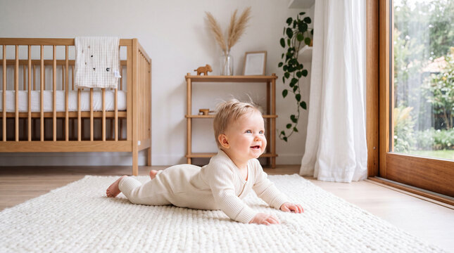 Happy toddler crawling on soft white rug inside bright modern nursery