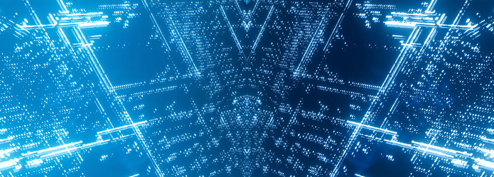 Futuristic Blue Cyber Grid Banner: Digital Matrix Code, Big Data Network Lines, and Glowing Tech Particles Texture for Technology and AI Concept