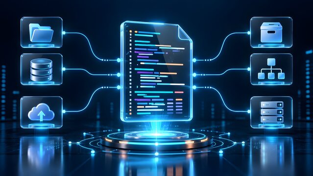 Futuristic software development architecture with glowing code document connecting to digital cloud databases and virtual server infrastructure network
