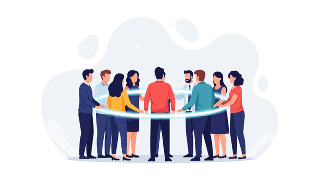 Diverse business team forming a circle with glowing energy, symbolizing collaboration and innovation