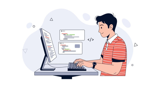 Young programmer coding on a computer, digital illustration with minimalist design, representing software development and technology.