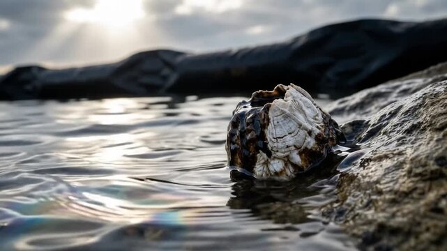 Barnacle shell showing oily water across rough rock, revealing white calcification, rigid texture, and glossy crude coating in extreme close-up