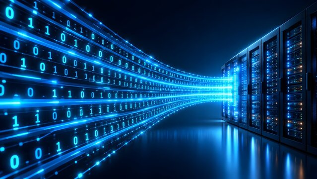 Glowing blue binary code data stream flowing into modern server racks inside high-tech datacenter facility representing high-speed network transmission