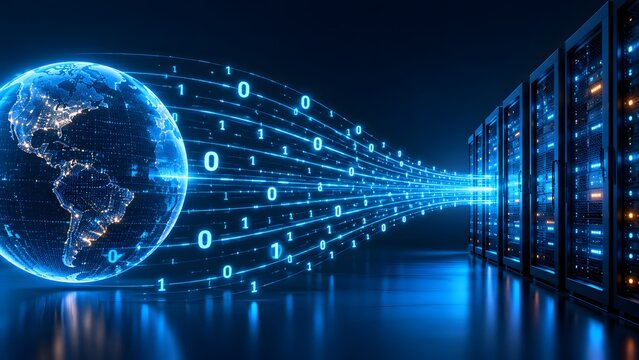 Global internet network connection concept featuring digital earth globe transferring high speed binary data stream into modern datacenter server racks