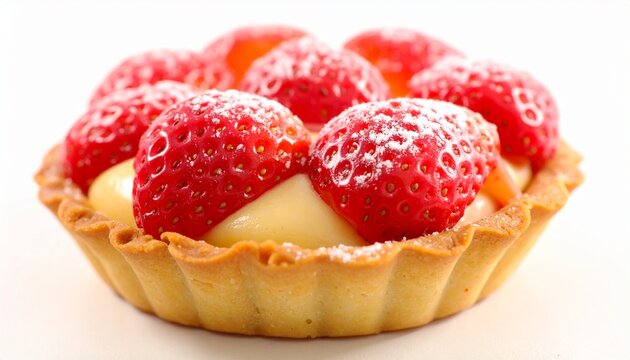 Close up of fresh strawberry tart with golden pastry crust. Red berries topped with white powdered sugar fall from above. Sweet delicious fruit dessert for bakery menu gourmet 