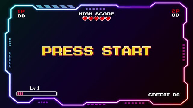 PRESS START. INSERT COIN TO CONTINUE. pixel art 8 bit. Retro Futurism Sci-Fi Background. glowing neon grid and stars from vintage arcade computer games