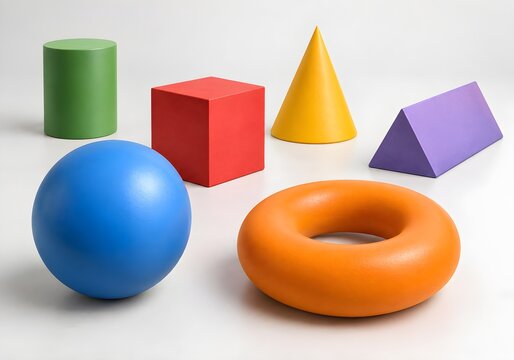Set of colorful 3D geometric shapes including sphere cube cone cylinder and torus isolated on white
