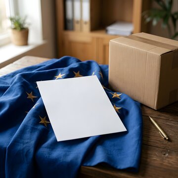 Blank white paper sheet on a European Union flag with a cardboard shipping box