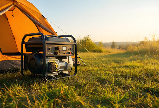 Emergency power and energy independence, portable electric generator next to a camping tent in a field during sunset for off-grid living and backup