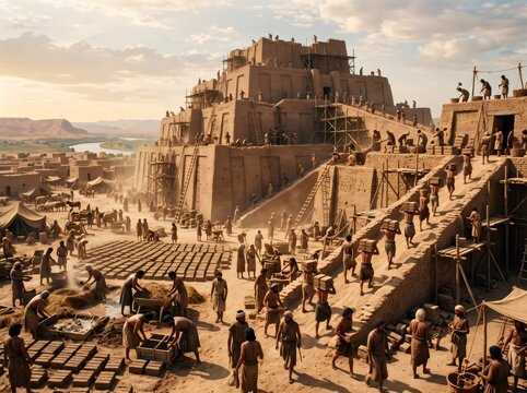Workers building the Tower of Babel in ancient Mesopotamia