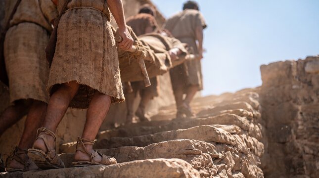 Friends carrying a bedridden man to be healed