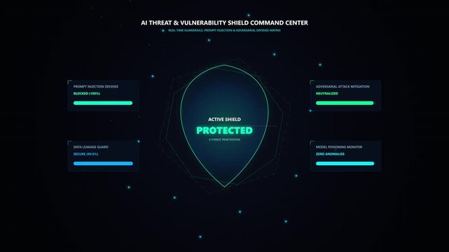 Futuristic UI loop featuring a protective cyber shield blocking prompt injection, adversarial attacks, and data leakage threats on a dark high-tech background.