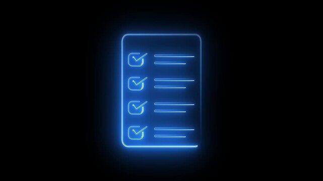 Glowing Blue Neon Checklist Animation Loop, Futuristic Task List Document Icon Motion Graphics, To Do List Survey Form Symbol Overlay for Tech UI UX, App Design, and Video Editing.