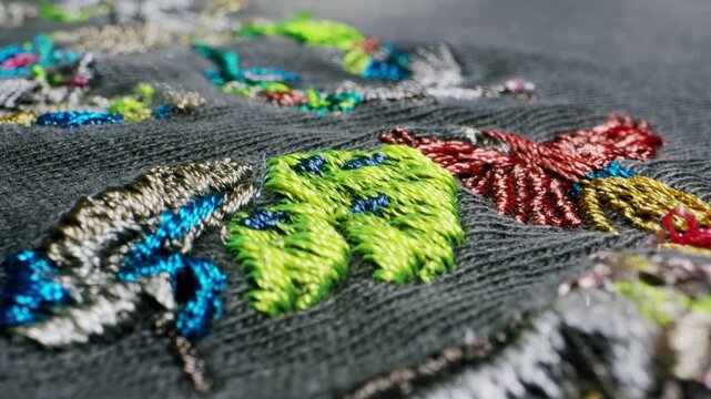 Colorful embroidery on fabric with threads, macro close-up of handmade stitching detail