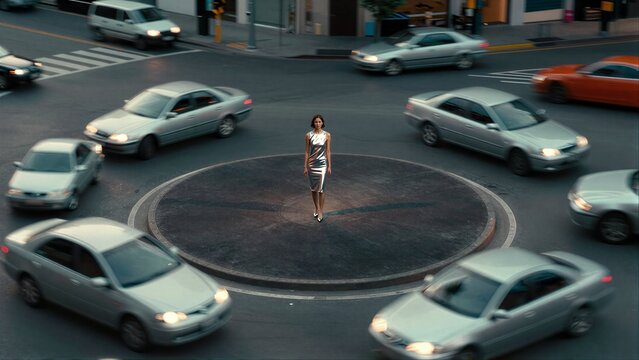 A woman stands still at a busy roundabout, cars blur around her.