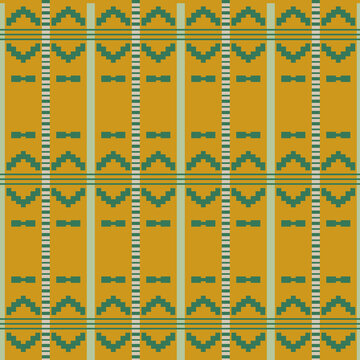 Ethnic Geometric Seamless Vector Pattern with Tribal Pixel Art Motifs in Mustard Yellow and Green