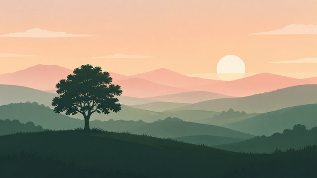 A minimalist flat vector illustration of a lone tree standing on a rolling green hill against a layered misty mountain landscape during sunset.