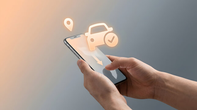 Car rental app, hands and smartphone with vehicle icon for transportation, logistics and booking service. Mobile, travel and technology with location, automotive and driving for commute trip