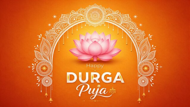 Happy Durga Puja horizontal greeting banner with pink lotus and traditional white arch art. 