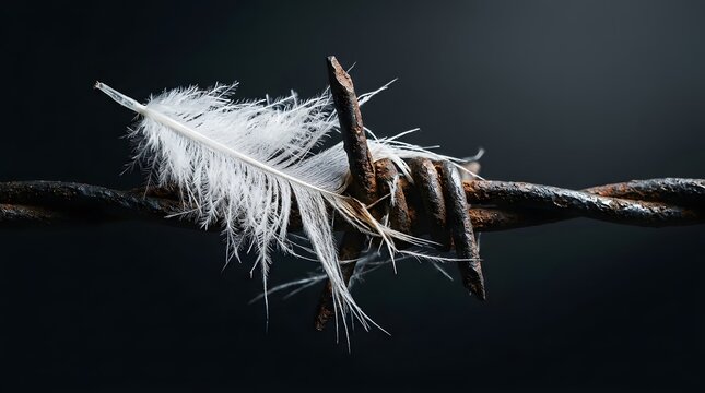 Soft white bird feather caught on weathered rusty barbed wire fence to illustrate civil liberties advocacy and peaceful prison reform