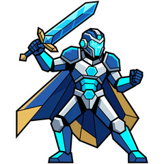 Obraz premium Futuristic armored warrior holding a glowing blue sword in a dynamic combat pose