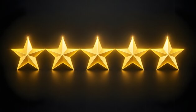 Five glowing golden stars in a row representing a top customer rating on a dark background