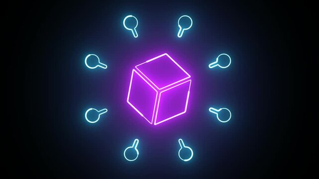 Animated glowing neon cube. connected digital nodes and luminous lines on dark futuristic background.