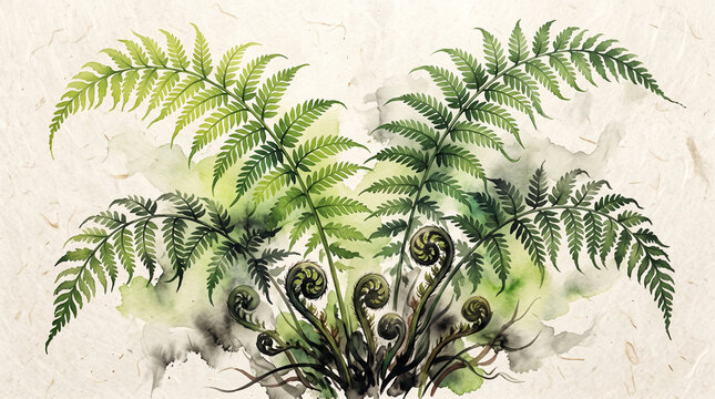Vibrant green fern fronds with delicate curled fiddleheads painted in artistic watercolor on textured paper background