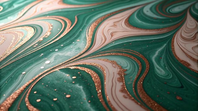 Fluid liquid marble texture blending emerald green and rose gold tones, creating a luxurious swirling pattern for elegant background design.