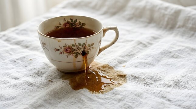 Hot tea leaking through cracked vintage floral porcelain cup onto white linen to visualize fragility and delicate emotional healing moments