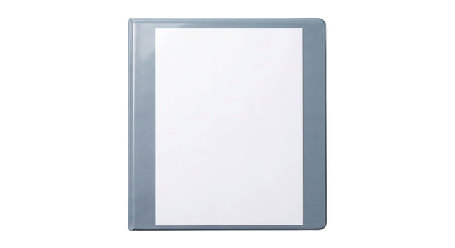 Blank white paper inside a gray plastic binder sleeve on a white background