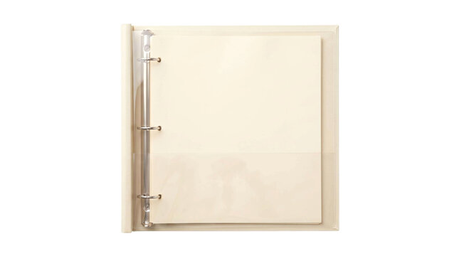 Open binder with blank pages and a clear plastic pocket for documents