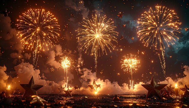 New Year celebration still life**, fireworks, gold stars, dark background, no people